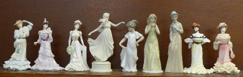 Nine figures of ladies; five Coalport, one Wedgwood The Dancing Hours,