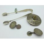 A Charles Horner silver and enamel brooch, a/f, silver sugar bows,