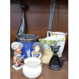 A Wedgwood Jasperware biscuit barrel with plated top, two German figures, two jugs, etc.