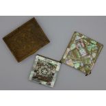 A mother of pearl compact, a card case and an inlaid card case,