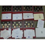 Seven Royal Mint UK Proof Coin Collection sets, 1990, 1991, 1992, 1993, 1994, 1995 and 1996 Deluxe,