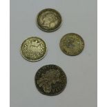 A 1679 Charles II 2d, two 1½ pence coins, 1860 and 1843,