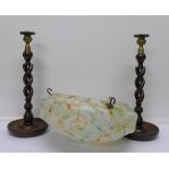 A pair of oak open barleytwist candlesticks and an Art Deco glass ceiling light shade