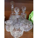 Glassware comprising three decanters, a rose bowl,