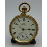 A gold plated top wind pocket watch, the dial marked S.