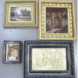 Three framed crystoleums and framed French plasterwork,