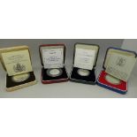 Four Royal Mint silver proof coins; 1977 crown, 1980 The Queen Mother's 80th Birthday crown,
