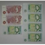 Two 10 shillings notes, cashier Forde, C69N 339767 and 8, and five one pound notes, DW34 202444, 5,