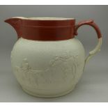 A large relief moulded hunting jug, height 18.