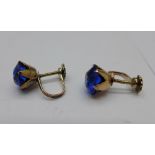 A pair of 9ct gold and blue stone earrings, 2.