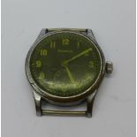 A Helvetia German military issue wristwatch, black dial, fixed lugs, case back marked DH,