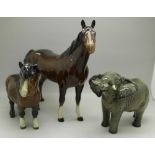 A Beswick horse, Shetland pony and elephant,