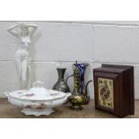 A Greek hand made alabaster figure of Artemis, a coloured glass vase, a games box,