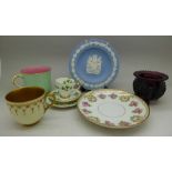 Two Royal Worcester cups, a small trio, a Wedgwood dish, etc.