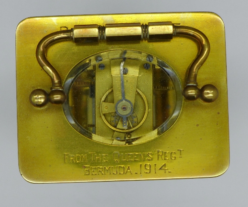 A brass carriage clock, the top bears inscription, From "The Queen's" Regt. - Image 4 of 4