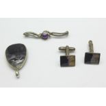 Three silver and Blue John set items, cufflinks,