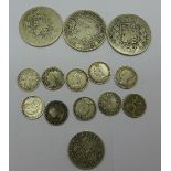 Victorian silver half crowns, 4d and 3d coins, 60.
