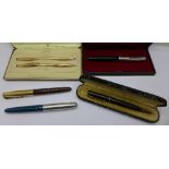 A Cross rolled gold pen and pencil set, personalised, boxed, three Parker pens,