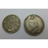 An 1889 double florin and an 1891 crown