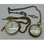 A silver Kay's Keyless Triumph pocket watch, one other silver pocket watch, glass and dial a/f,