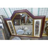 A mahogany overmantel mirror with decoupage panels