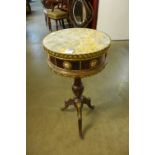 A French Louis XV style mahogany and marble topped circular occasional table,