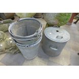 Four galvanised buckets and a galvanised stew pot