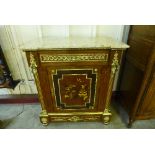 A French Louis XV style mahogany and marquetry inlaid side cabinet with ormolu mounts and marble