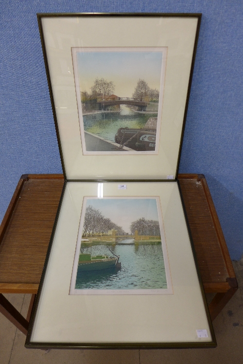 A pair of signed Gilbert Browne limited edition prints, Calm Water and Moorings, Little Venice,