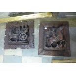 Two carved oak wall plaques