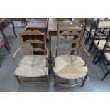 Two 19th Century French provincial elm and rush seated armchairs