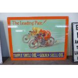 A reproduction tin Triple Shell Oil and Golden Shell Oil sign