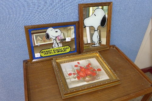 Two Snoopy mirrors and an oil painting,