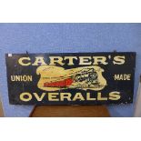 A wooden double sided Carters Overalls painted sign