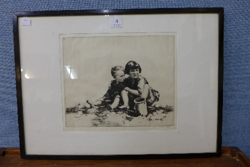 Sidney Tushingham, two children on a beach, framed etching,