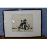 Sidney Tushingham, two children on a beach, framed etching,