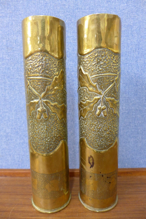 A pair of trench art brass vases and other brassware