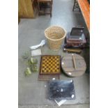 Three small cases, a paper rack, tray, tin box, corbels, etc.