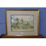 Rural river landscape, watercolour, indistinctly signed,