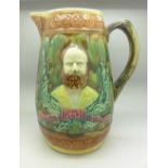 A majolica jug commemorating the visit to Britain by 19th US President Rutherford Hayes (1877-1881)