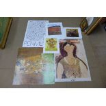 An assortment of unframed prints, including Klimt, Remington, Montegliani, etc.