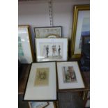 An 18th Century French hand coloured fashion print, Victorian pressed flowers and other prints, etc.