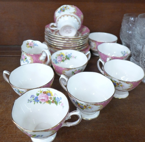 Royal Albert Lady Carlyle teaware, seven cups, saucers, six side plates, sugar and cream,