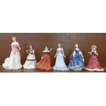 Six Royal Doulton figures including two Twelve Days of Christmas