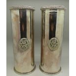 A pair of plated trench art WWI shell cases, each with York and Lancaster regimental motif,