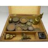 A Mauchlin ware box with brass weights,