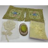 Two 19th Century and two 20th Century needleworks and a beadwork decoration