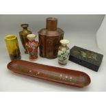 An oriental tea caddy, a papier mache box,