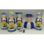 A set of four Staffordshire pottery condiments, modelled as portly gentleman, a/f,