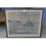 A pair of etchings, view of Amsterdam and windmill landscape, indistinctly signed,